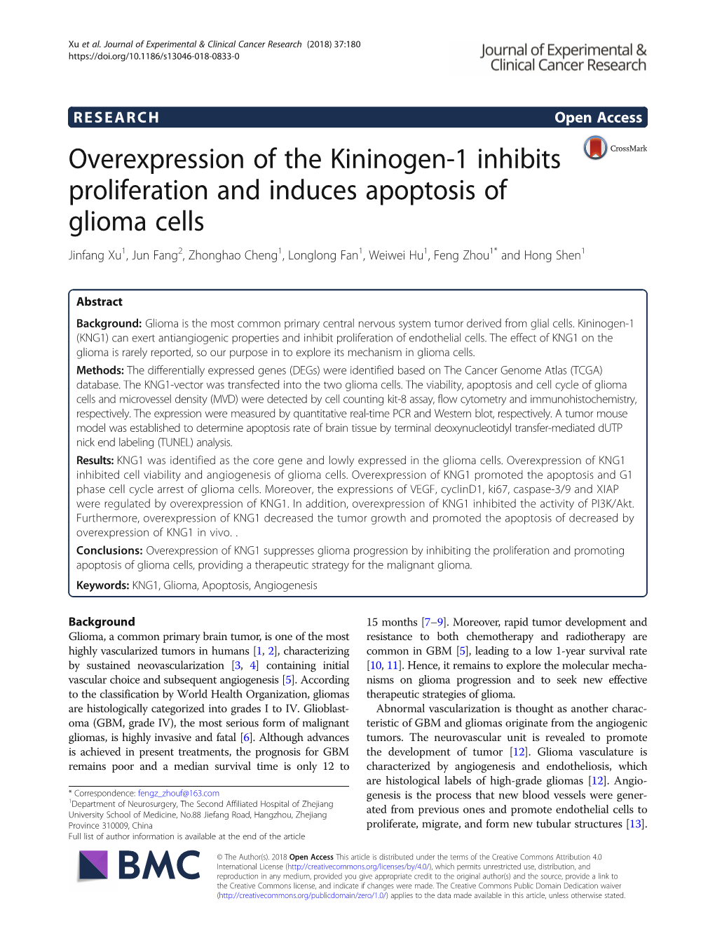 Overexpression of the Kininogen-1 Inhibits Proliferation and Induces Apoptosis of Glioma Cells