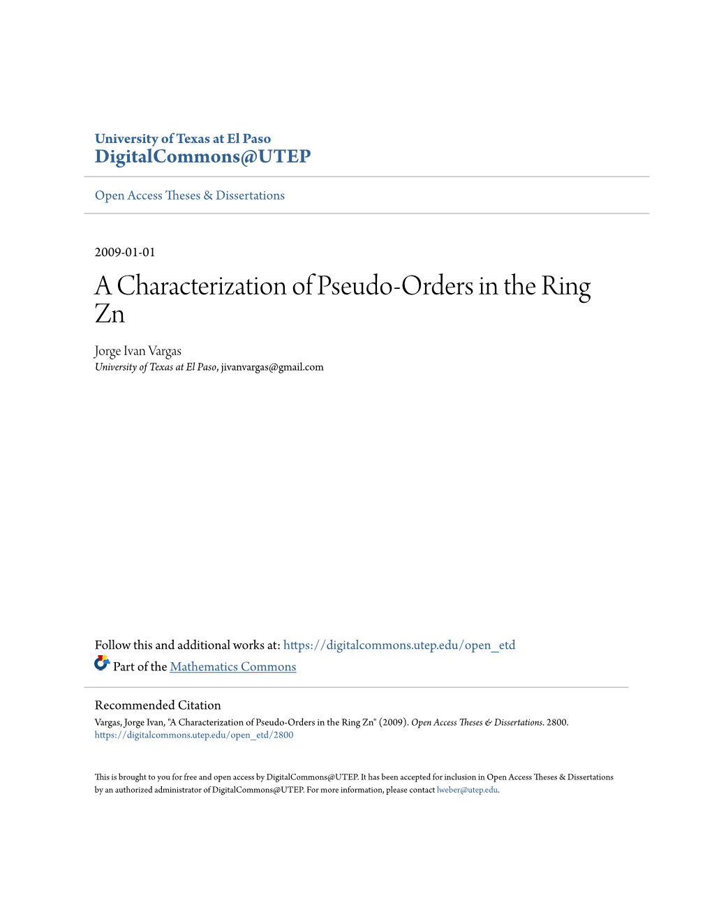 A Characterization of Pseudo-Orders in the Ring Zn Jorge Ivan Vargas University of Texas at El Paso, Jivanvargas@Gmail.Com