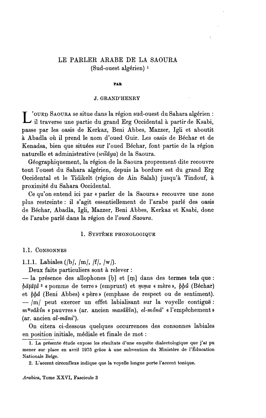 LE PARLER ARABE DE LA SAOURA (Sud-Ouest Algérien)