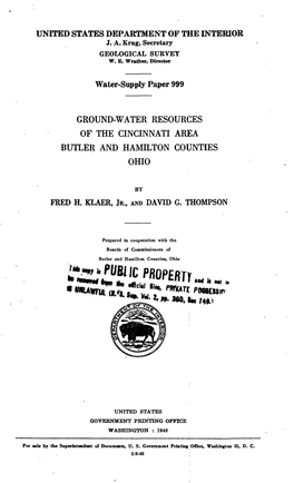 Ground-Water Resources of the Cincinnati Area Butler and Hamilton Counties Ohio
