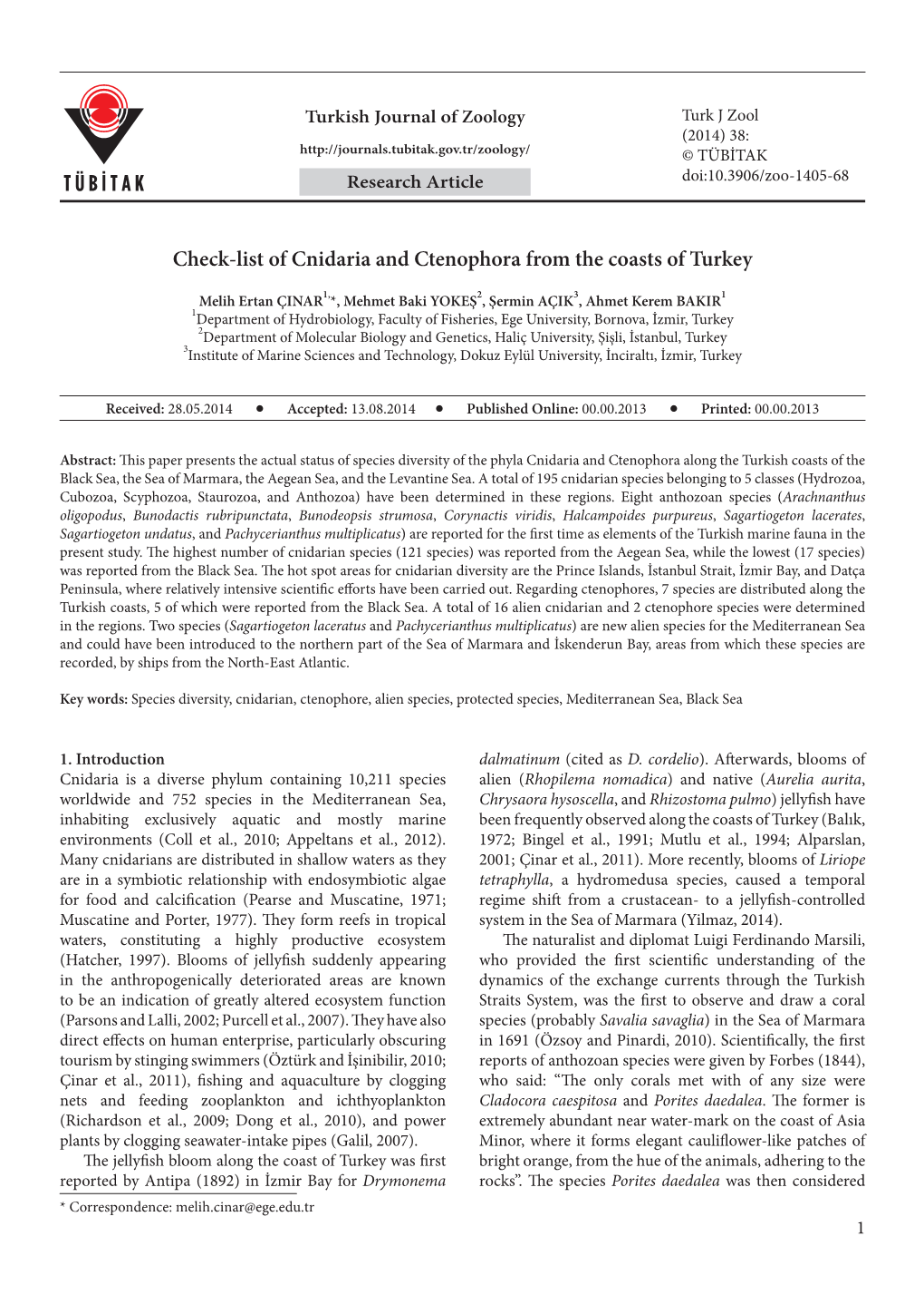 Check-List of Cnidaria and Ctenophora from the Coasts of Turkey