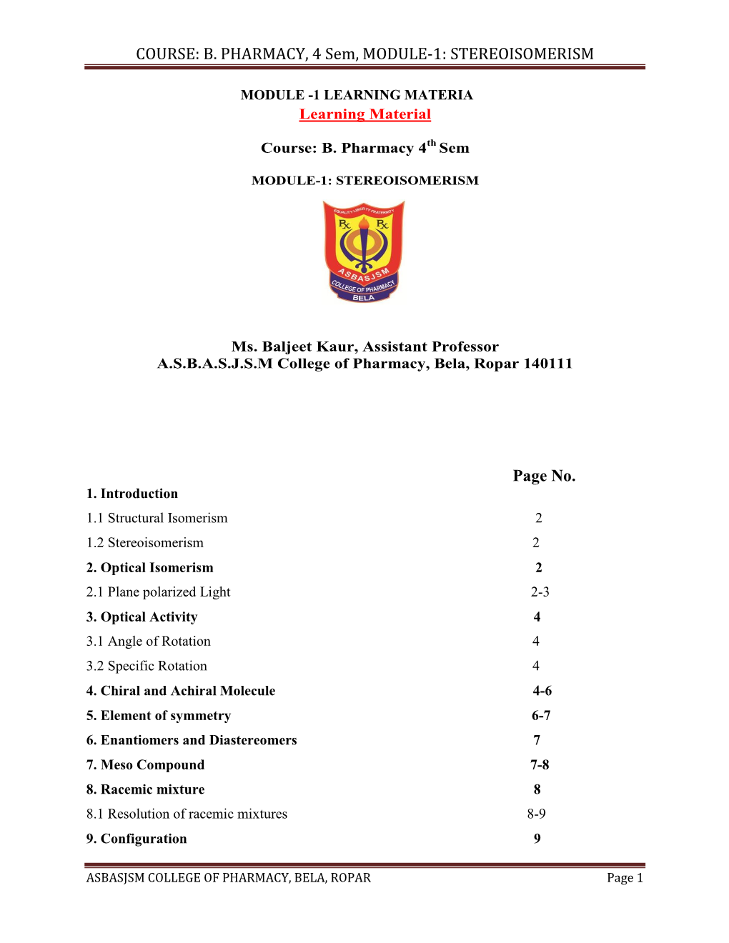 B. PHARMACY, 4 Sem, MODULE-1: STEREOISOMERISM