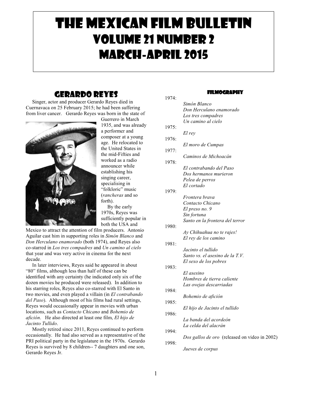 The Mexican Film Bulletin Volume 21 Number 2 (March-April 2015) the Mexican Film Bulletin