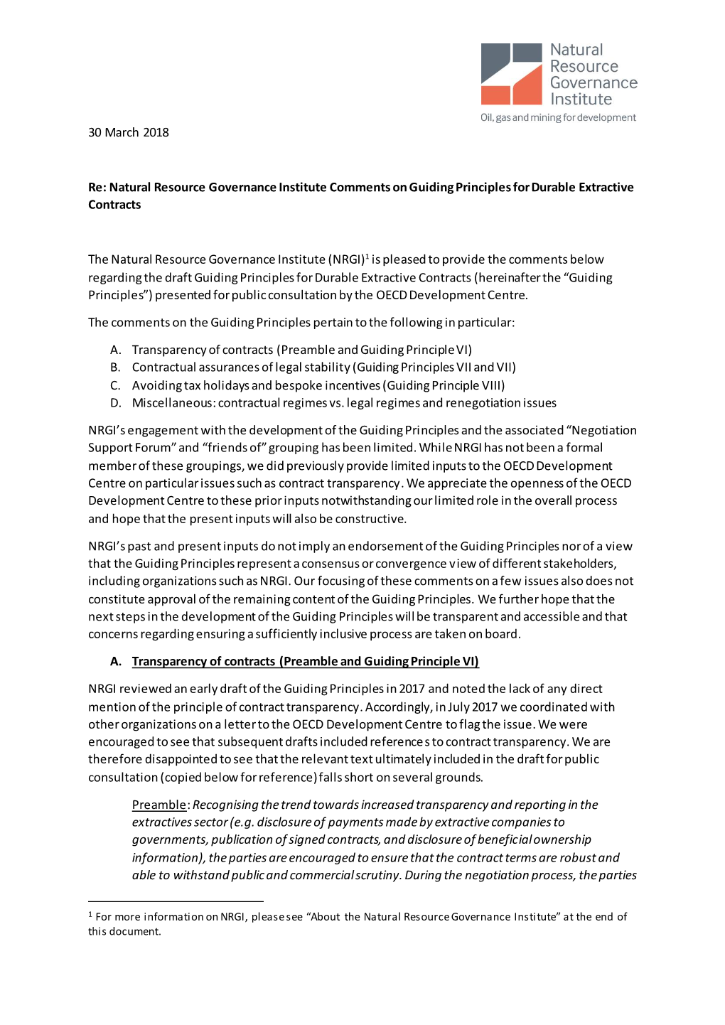 Natural Resource Governance Institute Comments on Guiding Principles for Durable Extractive Contracts