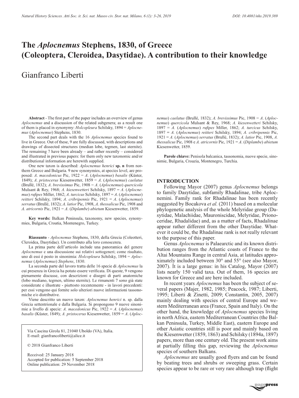 The Aplocnemus Stephens, 1830, of Greece (Coleoptera, Cleroidea, Dasytidae). a Contribution to Their Knowledge