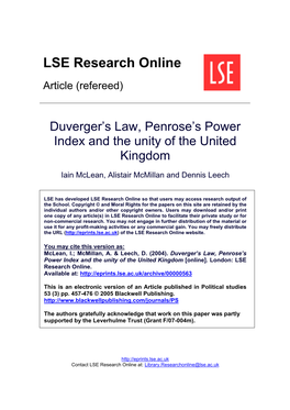 Duverger's Law, Penrose's Power Index and the Unity of the United