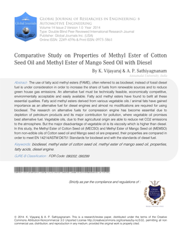 Comparative Study on Properties of Methyl Ester of Cotton Seed Oil and Methyl Ester of Mango Seed Oil with Diesel by K