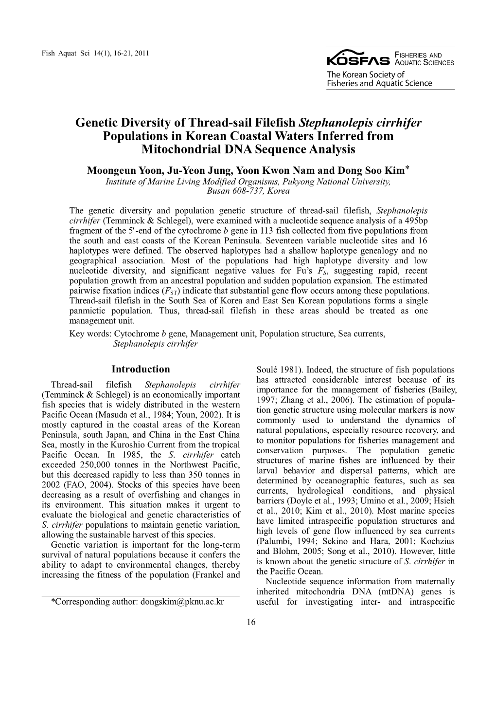 Genetic Diversity of Thread-Sail Filefish Stephanolepis Cirrhifer