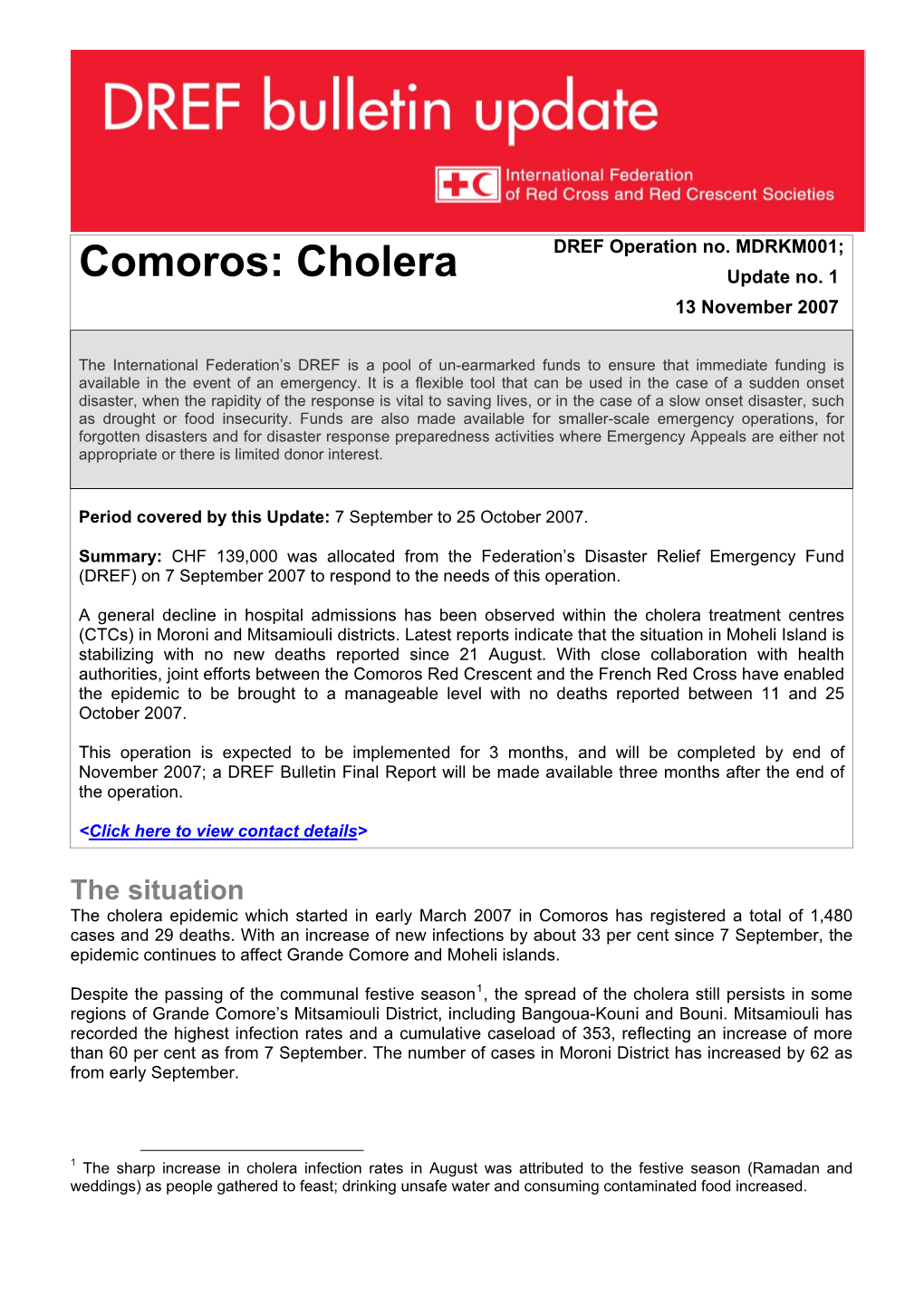 Comoros: Cholera; DREF Bulletin (MDRKM001)