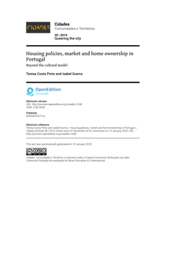 Housing Policies, Market and Home Ownership in Portugal Beyond the Cultural Model