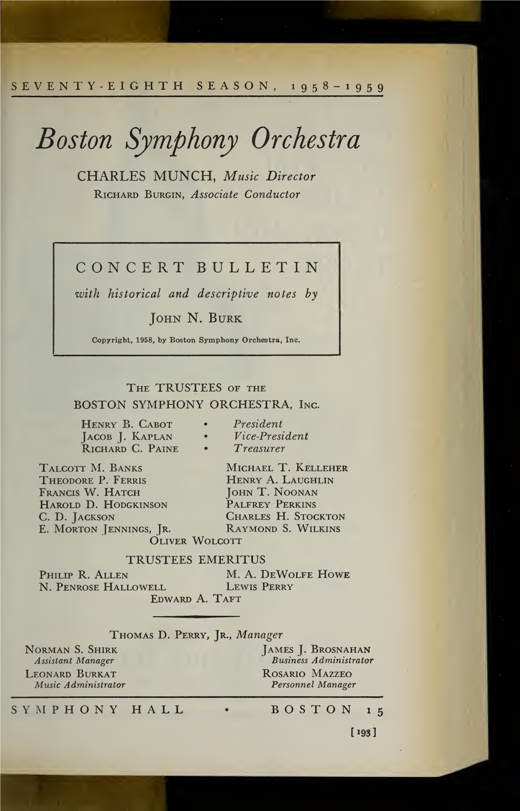 Boston Symphony Orchestra Concert Programs, Season 78, 1958-1959