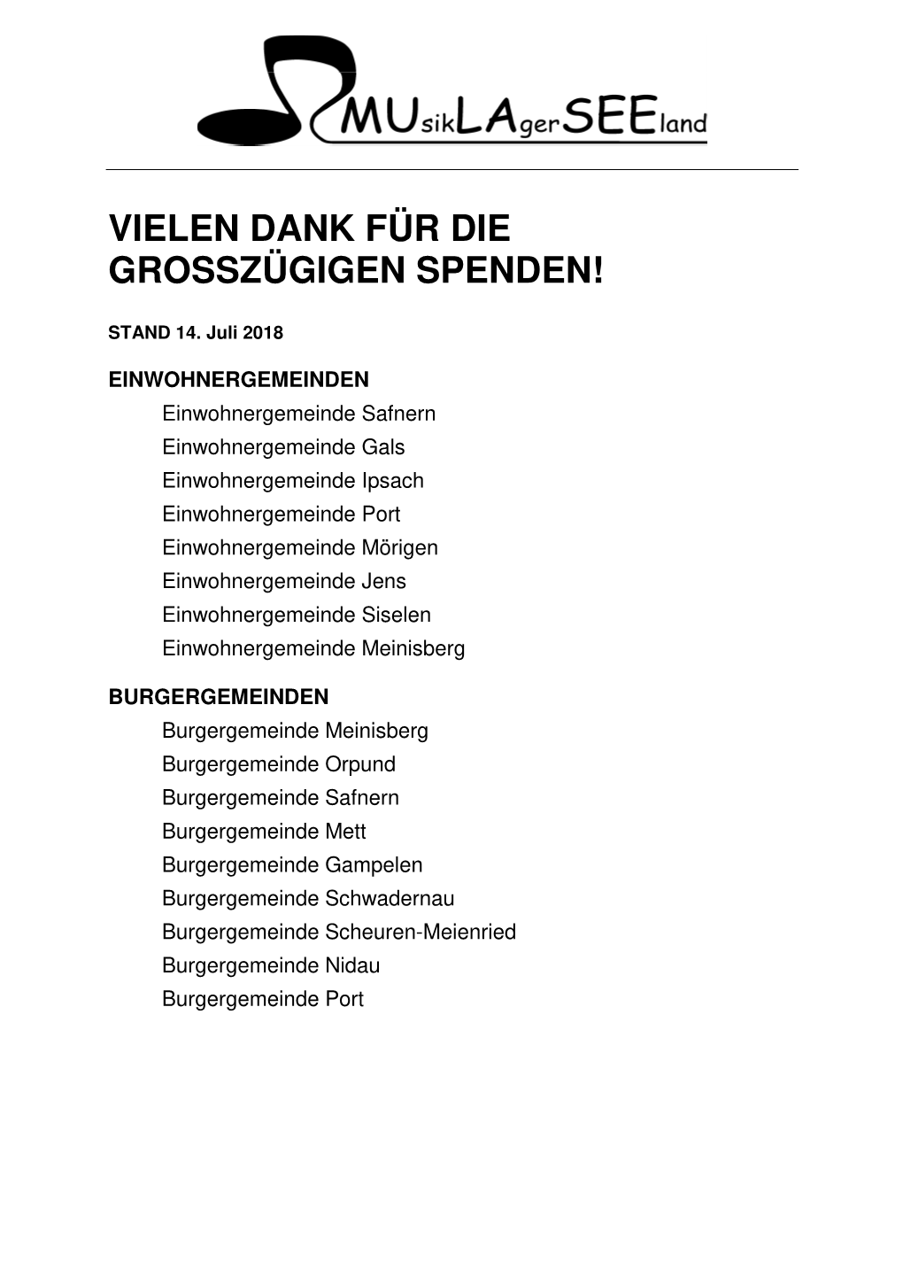 Vielen Dank Für Die Grosszügigen Spenden!