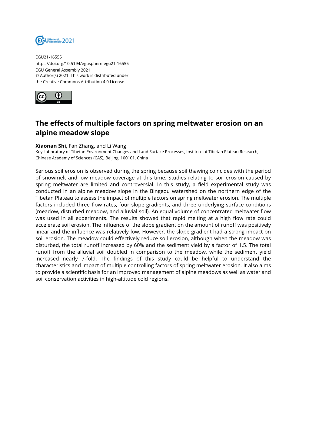 The Effects of Multiple Factors on Spring Meltwater Erosion on an Alpine Meadow Slope