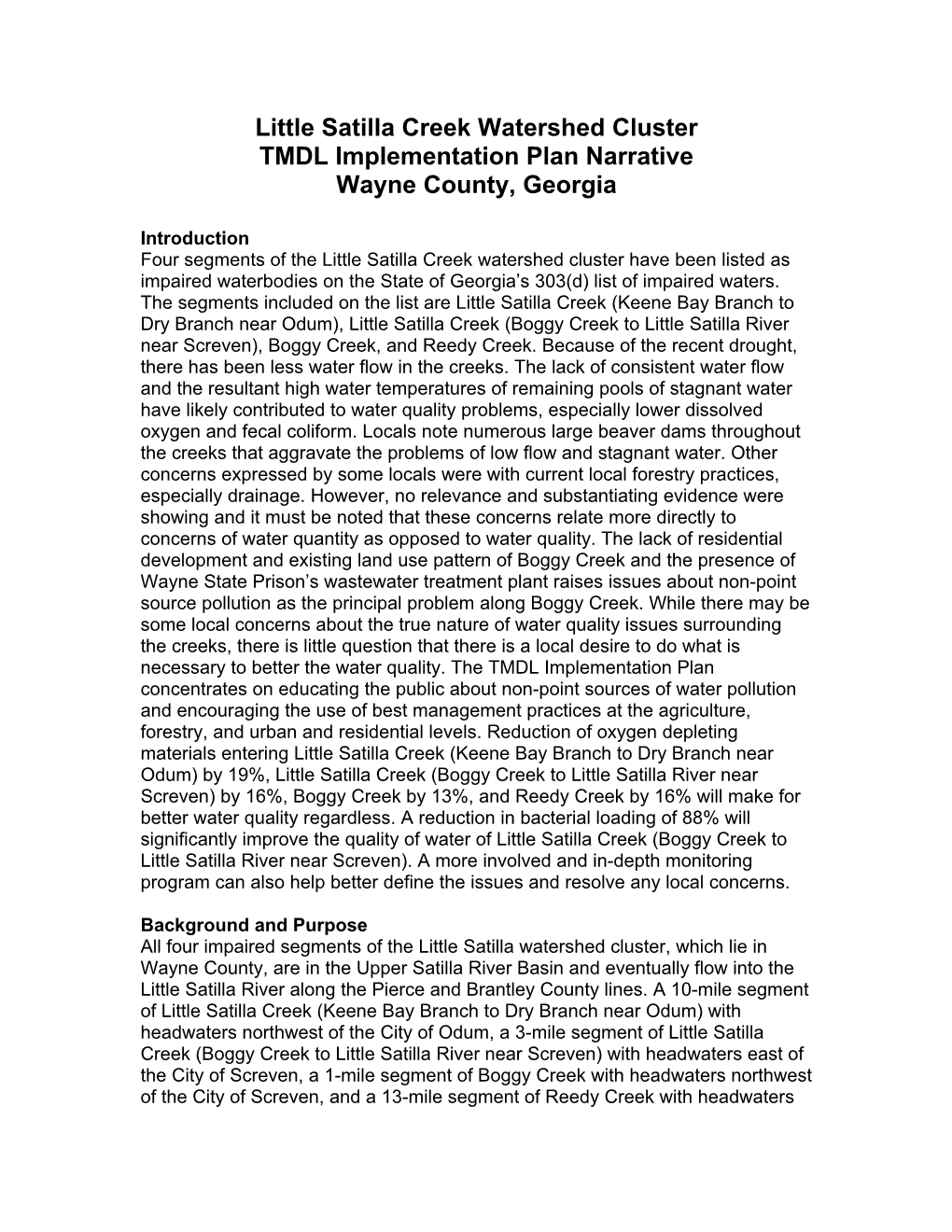 Little Satilla Creek Watershed Cluster TMDL Implementation Plan Narrative Wayne County, Georgia