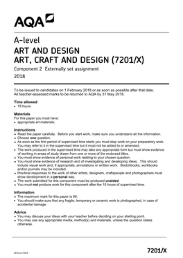 ART, CRAFT and DESIGN (7201/X) Component 2 Externally Set Assignment 2018