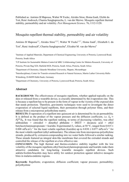 Mosquito Repellent Thermal Stability, Permeability and Air Volatility