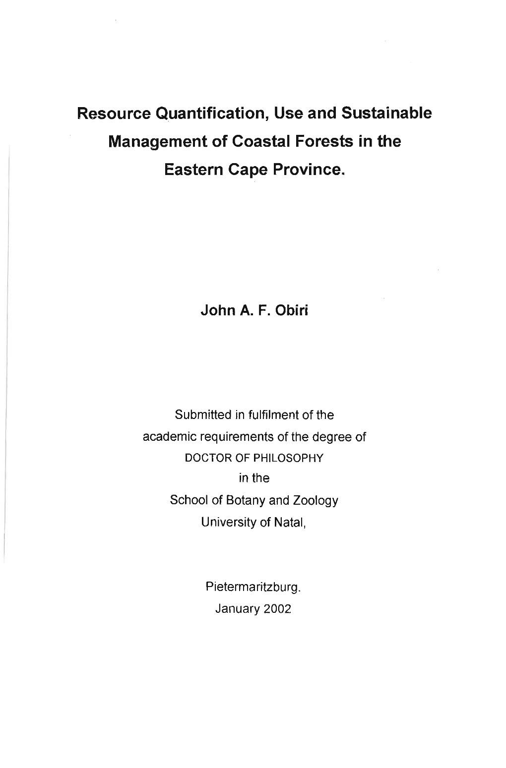 Resource Quantification, Use and Sustainable Management of Coastal Forests· in the Eastern Cape Province