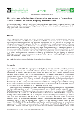 The Rediscovery of Stachys Virgata (Lamiaceae), a Rare Endemic of Peloponnisos, Greece: Taxonomy, Distribution, Karyology and Conservation