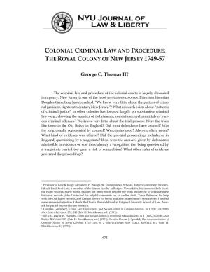 Colonial Criminal Law and Procedure: the Royal Colony of New Jersey 1749-57