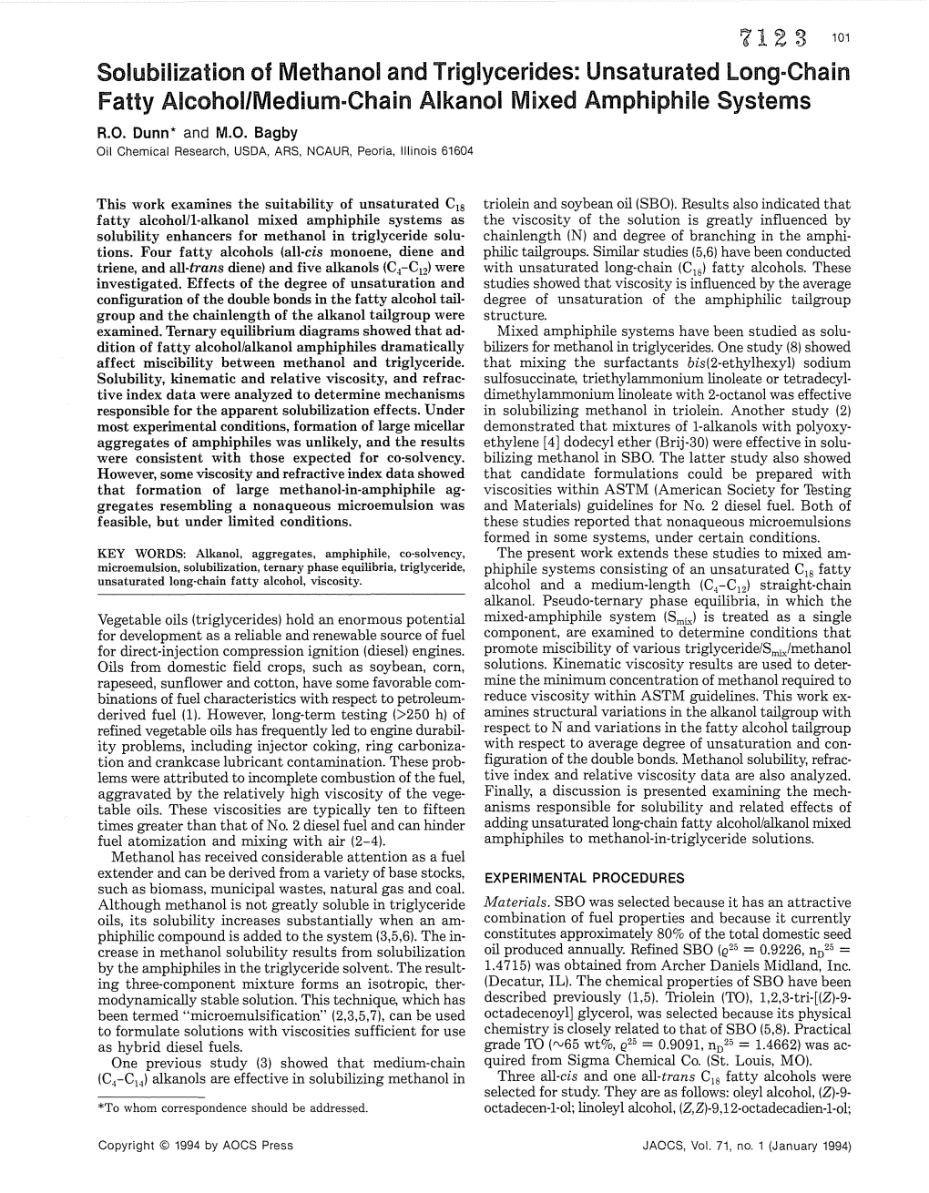 Solubilization of Methanol and Triglycerides: Unsaturated Longachain Fatty Alcohol/Mediumachain Alkanol Mixed Amphiphile Systems