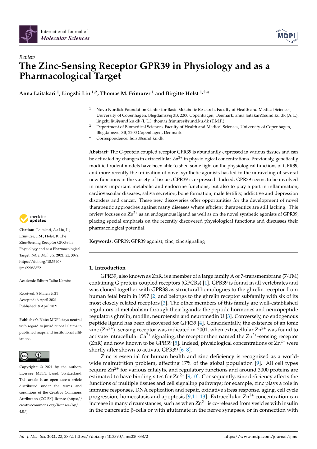 The Zinc-Sensing Receptor GPR39 in Physiology and As a Pharmacological Target