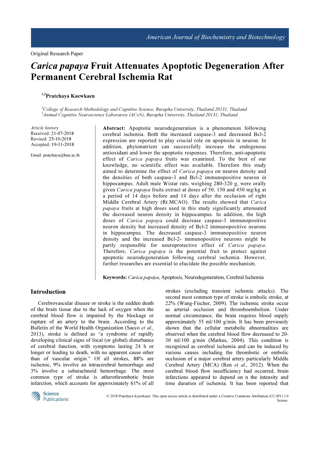 Carica Papaya Fruit Attenuates Apoptotic Degeneration After Permanent Cerebral Ischemia Rat