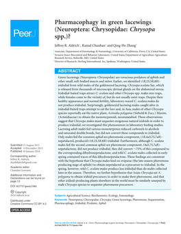 Pharmacophagy in Green Lacewings (Neuroptera: Chrysopidae: Chrysopa Spp.)?