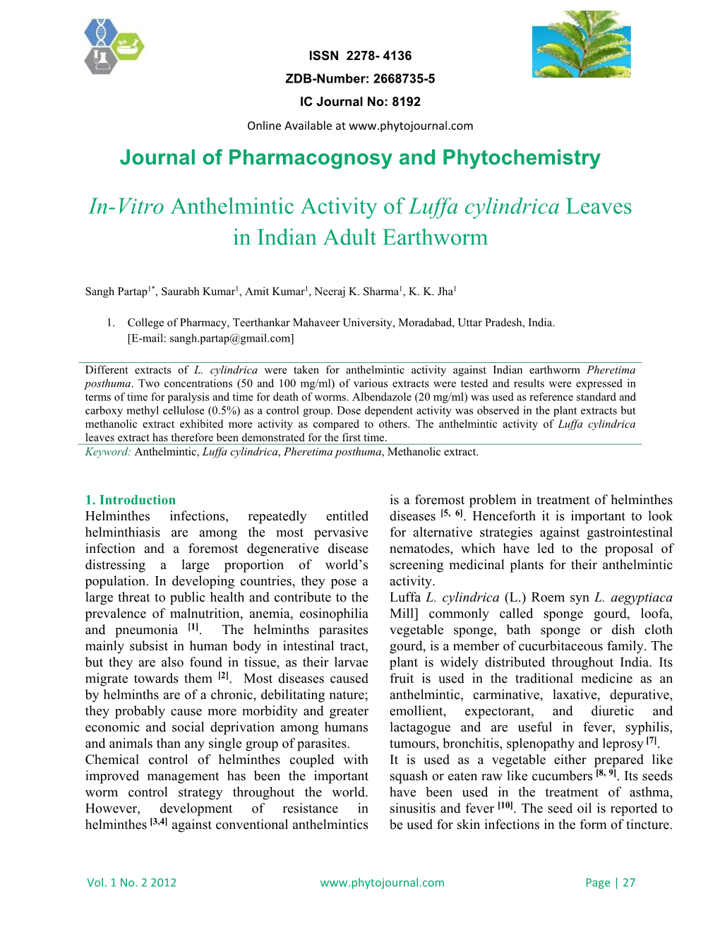 In-Vitro Anthelmintic Activity of Luffa Cylindrica Leaves in Indian Adult Earthworm