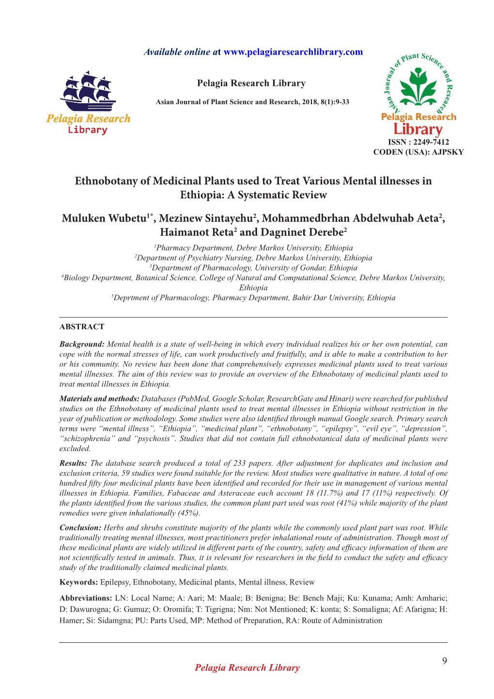 Ethnobotany of Medicinal Plants Used to Treat Various Mental Illnesses in Ethiopia: a Systematic Review