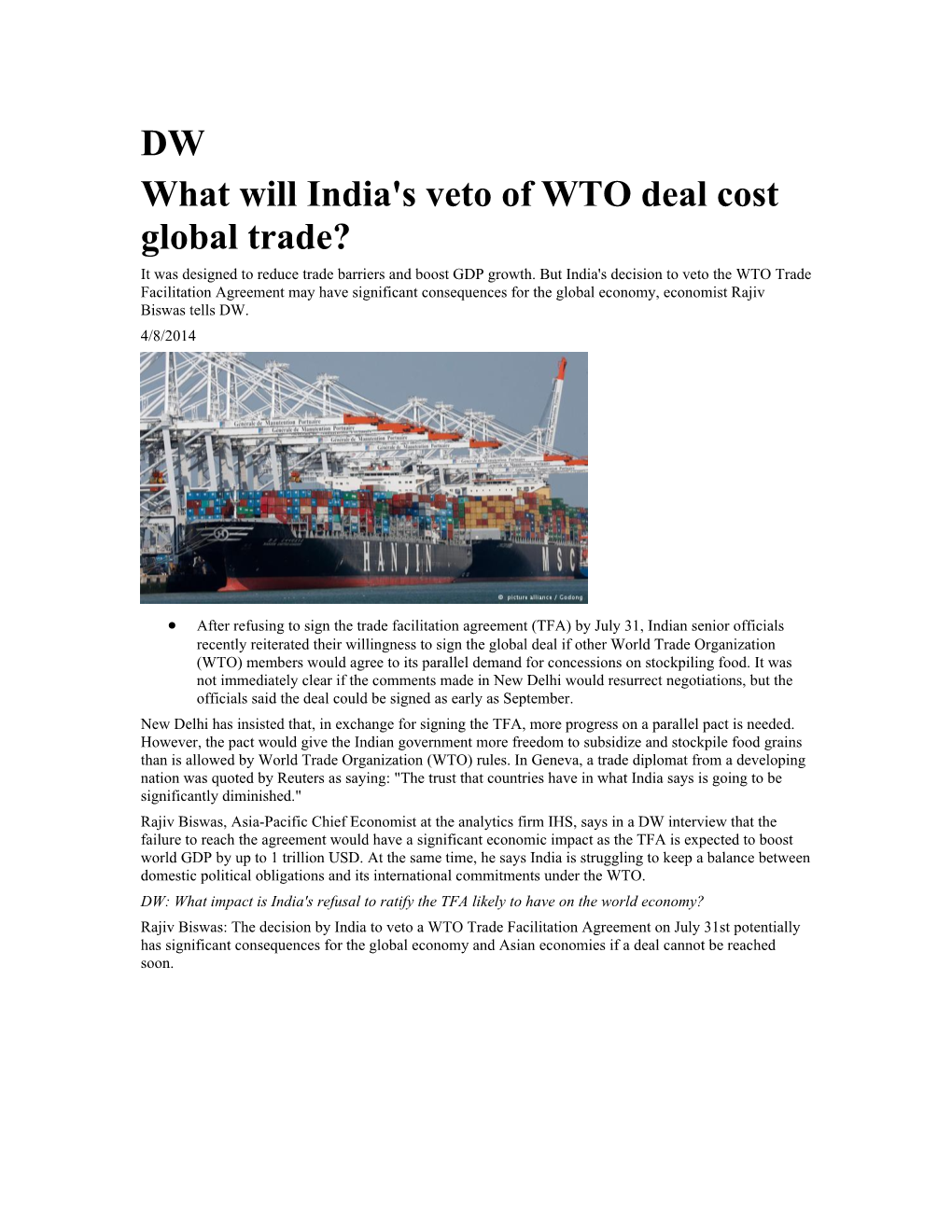 What Will India's Veto of WTO Deal Cost Global Trade?