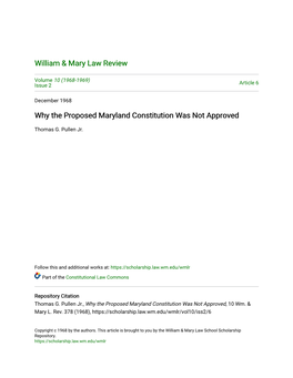 Why the Proposed Maryland Constitution Was Not Approved