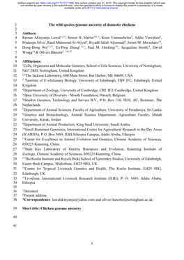 The Wild Species Genome Ancestry of Domestic Chickens 2 3 Authors: 4 Raman Akinyanju Lawal1,2,#, Simon H