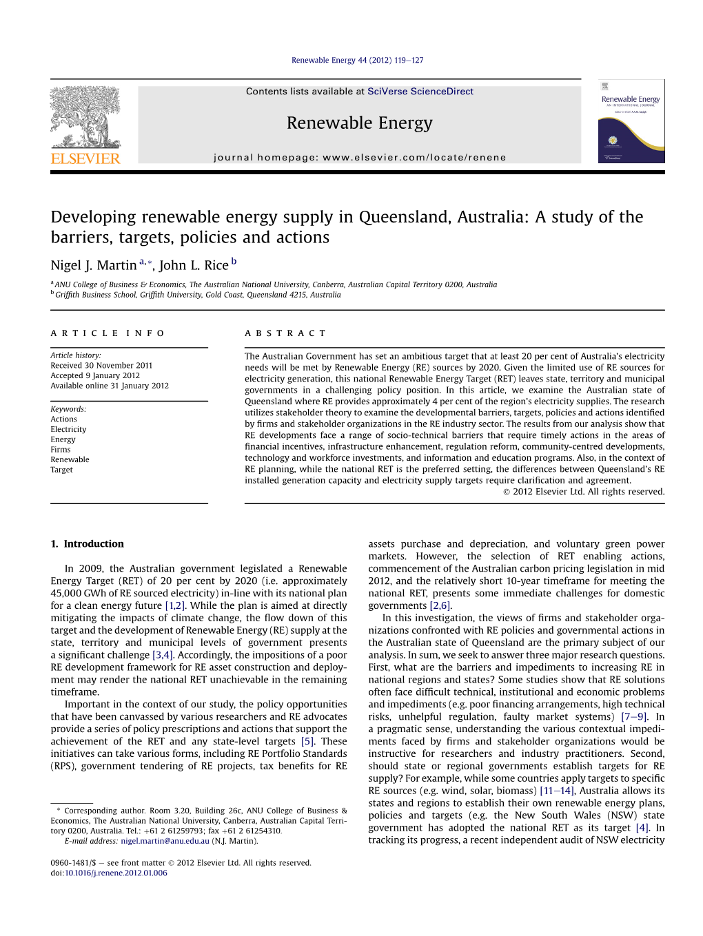 Developing Renewable Energy Supply in Queensland, Australia: a Study of the Barriers, Targets, Policies and Actions