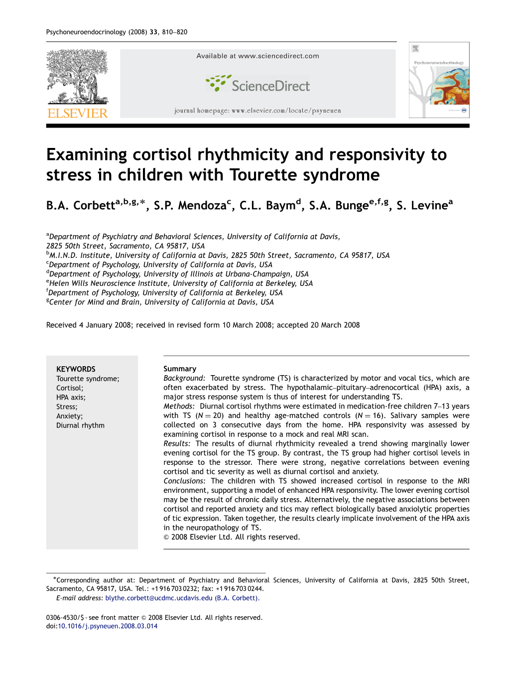 Examining Cortisol Rhythmicity and Responsivity to Stress in Children with Tourette Syndrome