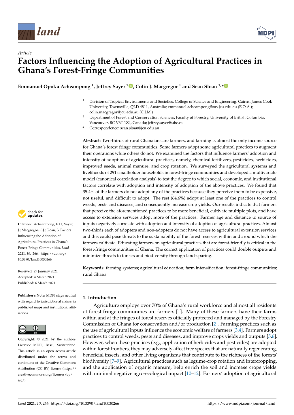 Factors Influencing the Adoption of Agricultural Practices in Ghana's Forest-Fringe Communities