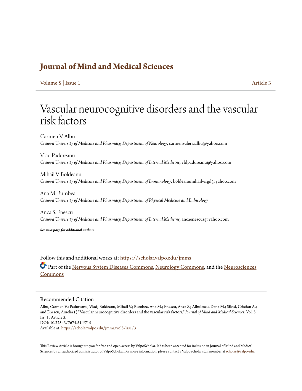 Vascular Neurocognitive Disorders and the Vascular Risk Factors Carmen V