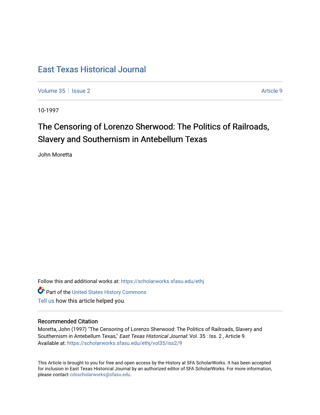 The Censoring of Lorenzo Sherwood: the Politics of Railroads, Slavery and Southernism in Antebellum Texas