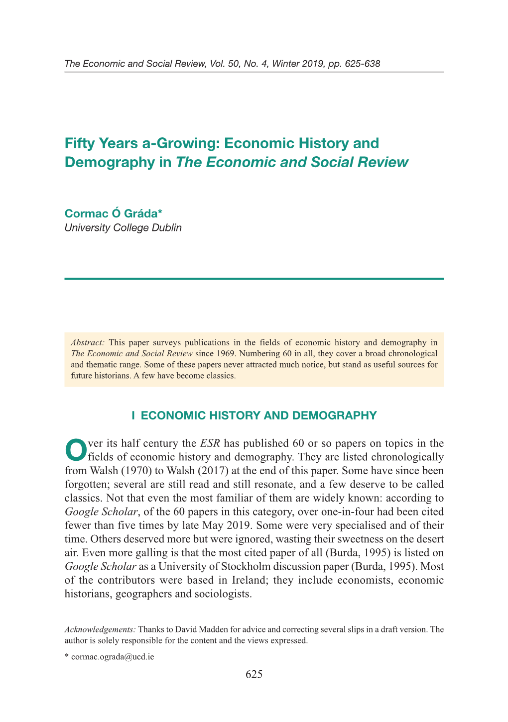 Economic History and Demography in the Economic and Social Review