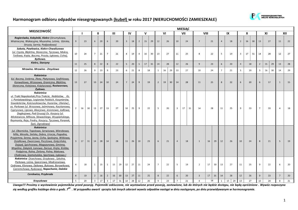 Harmonogram Odbioru Odpadów Niesegregowanych (Kubeł) W Roku 2017 (NIERUCHOMOŚCI ZAMIESZKAŁE)