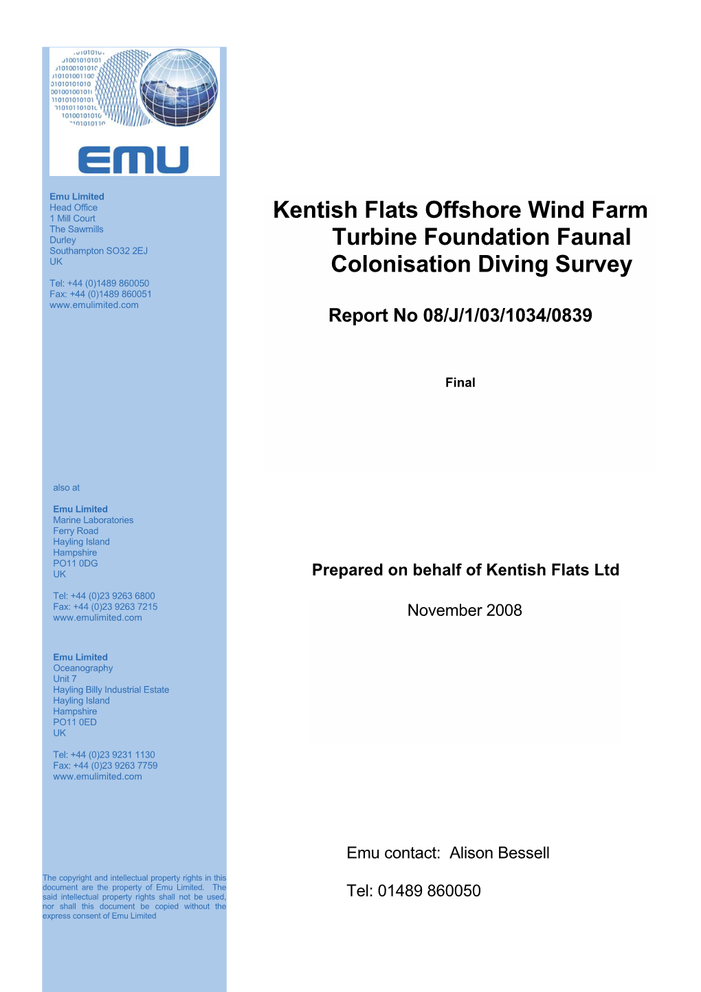 Kentish Flats Offshore Wind Farm Turbine Foundation Faunal