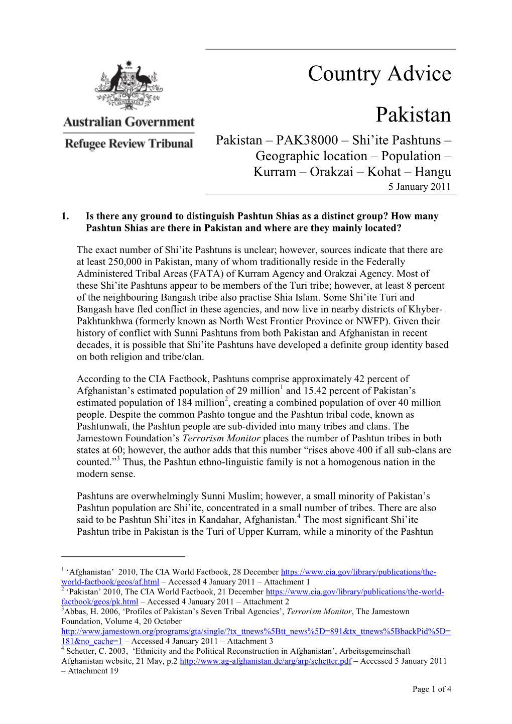 Country Advice Pakistan Pakistan – PAK38000 – Shi‟Ite Pashtuns –