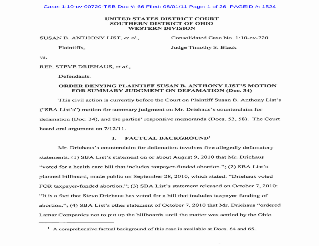 1:10-Cv-00720-TSB Doc #: 66 Filed: 08/01/11 Page: 1 of 26 PAGEID #: 1524