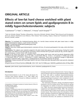 Effects of Low-Fat Hard Cheese Enriched with Plant Stanol Esters on Serum Lipids and Apolipoprotein B in Mildly Hypercholesterolaemic Subjects