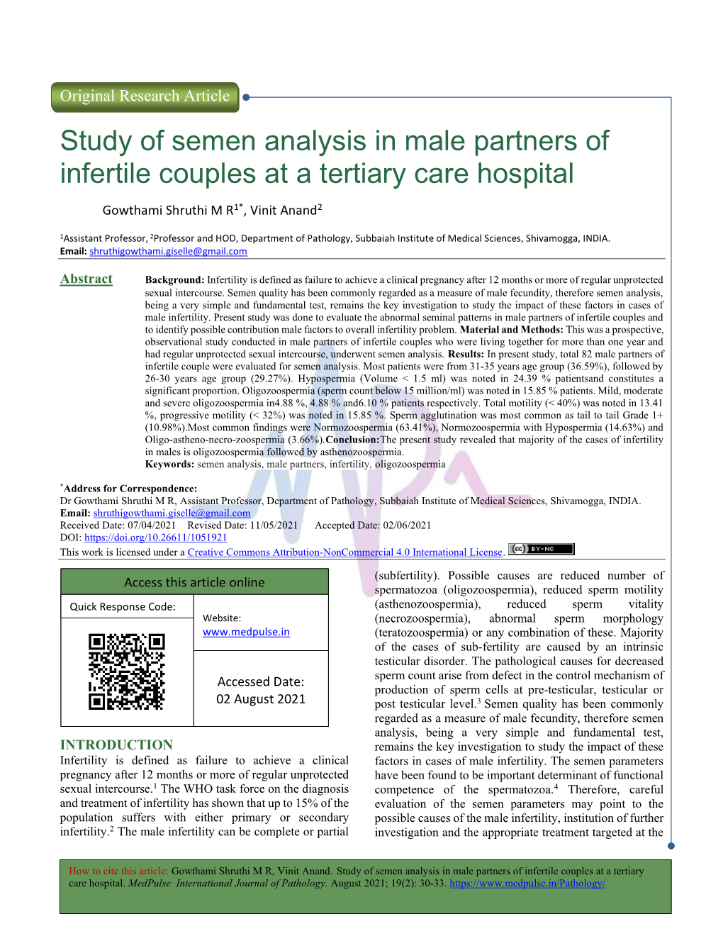 Study of Semen Analysis in Male Partners of Infertile Couples at a Tertiary Care Hospital