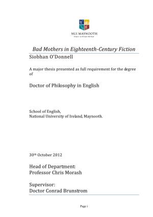 Bad Mothers in Eighteenth-Century Fiction Siobhan O’Donnell