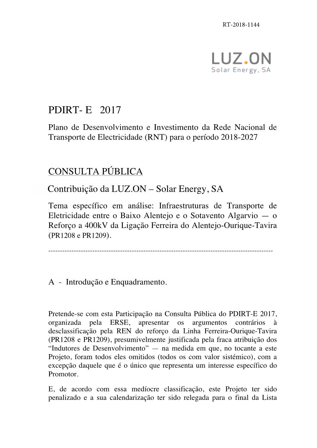 PDIRT- E 2017 Plano De Desenvolvimento E Investimento Da Rede Nacional De Transporte De Electricidade (RNT) Para O Período 2018-2027