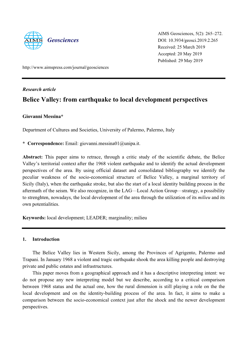 Belìce Valley: from Earthquake to Local Development Perspectives