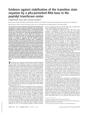 Evidence Against Stabilization of the Transition State Oxyanion by a Pka-Perturbed RNA Base in the Peptidyl Transferase Center