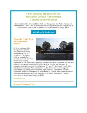 Your Monthly Update for the Westside Creeks Restoration Construction Progress