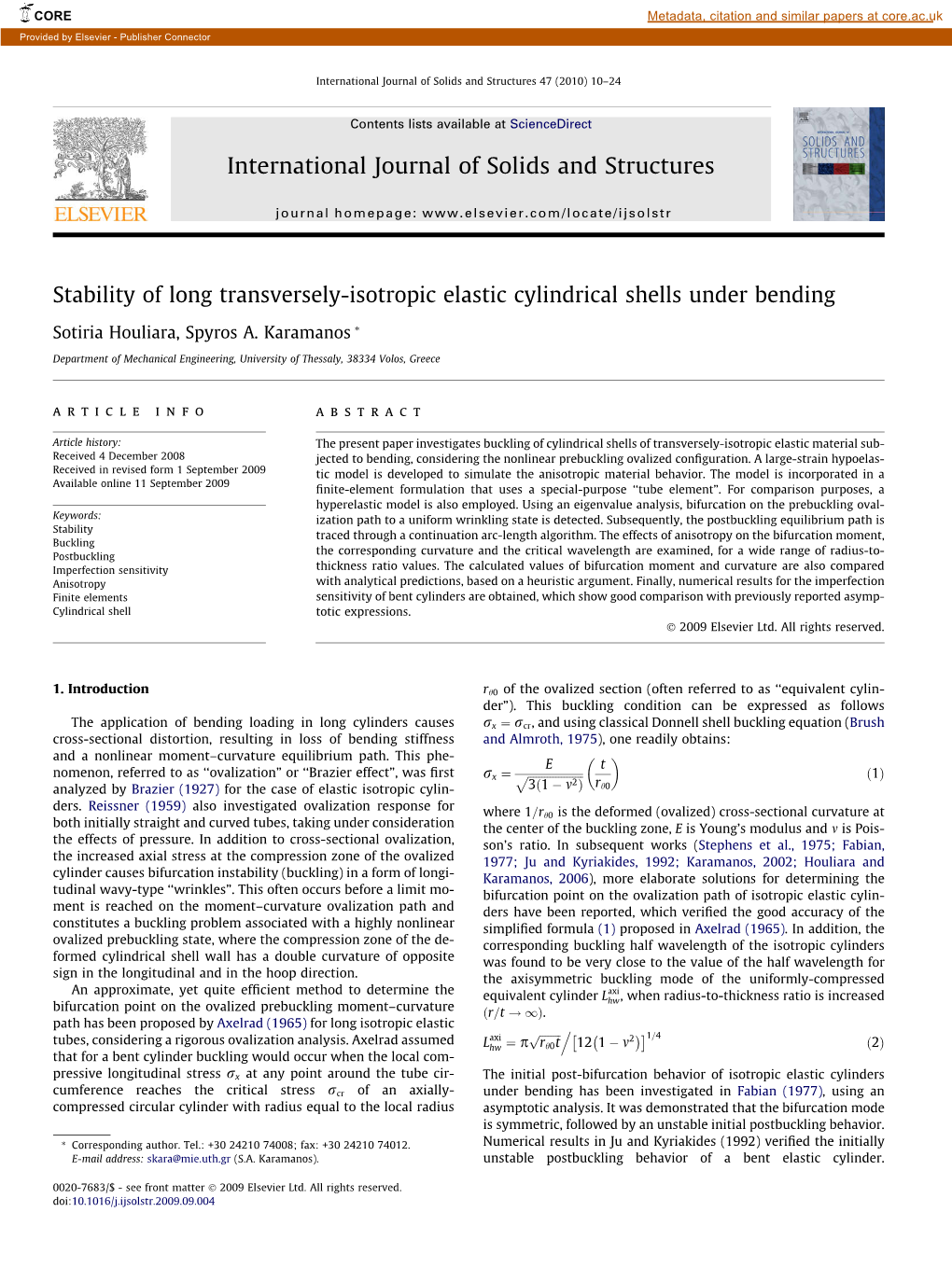 Stability of Long Transversely-Isotropic Elastic Cylindrical Shells Under Bending